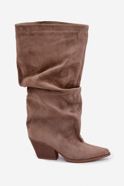 Botas altas kaki para mujer con parte superior curva y tacones de ante Durela