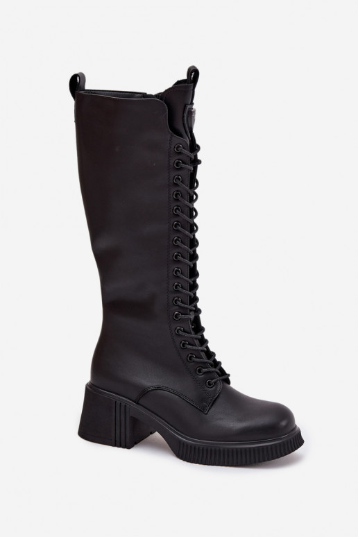 Botas largas de cuero con cordones y tacones, cálidas Vinceza 66804 en color negro