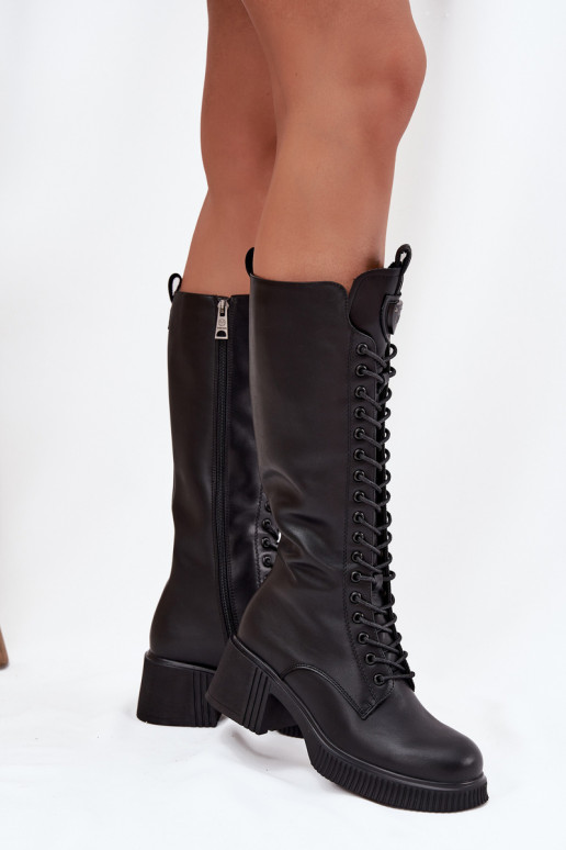Botas largas de cuero con cordones y tacones, cálidas Vinceza 66804 en color negro