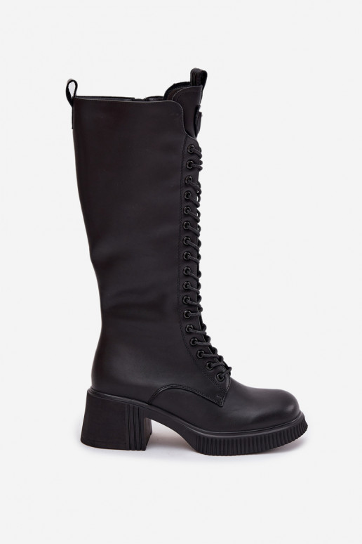 Botas largas de cuero con cordones y tacones, cálidas Vinceza 66804 en color negro