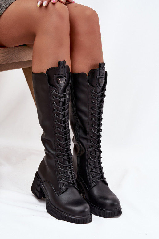 Botas largas de cuero con cordones y tacones, cálidas Vinceza 66804 en color negro
