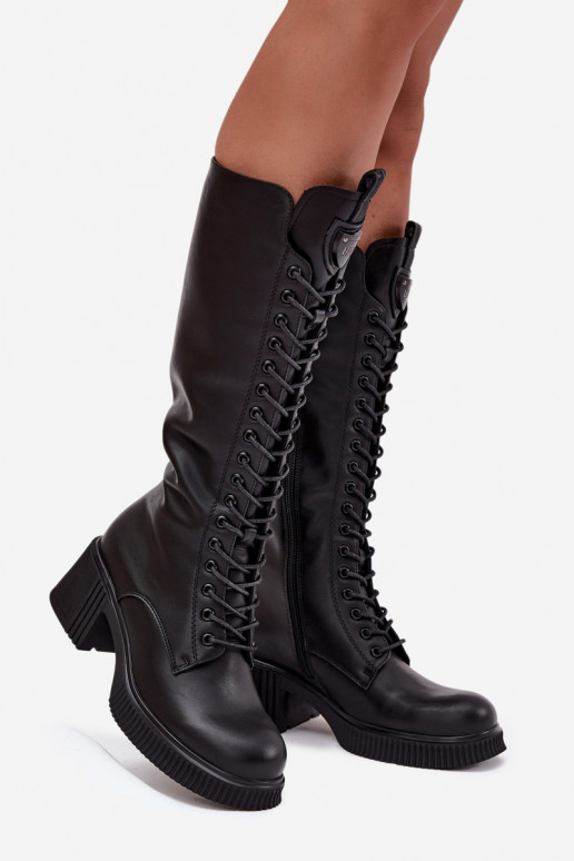 Botas largas de cuero con cordones y tacones, cálidas Vinceza 66804 en color negro