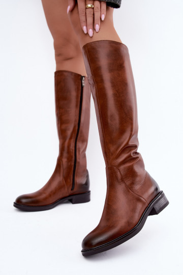 Botas de cuero para mujer hasta la rodilla con tacones anchos aisladas Zazoo 70163 marrón 2