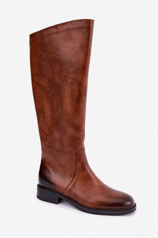 Botas de cuero para mujer hasta la rodilla con tacones anchos aisladas Zazoo 70163 marrón