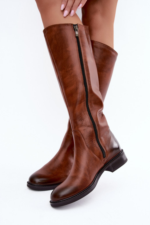 Botas de cuero para mujer hasta la rodilla con tacones anchos aisladas Zazoo 70163 marrón