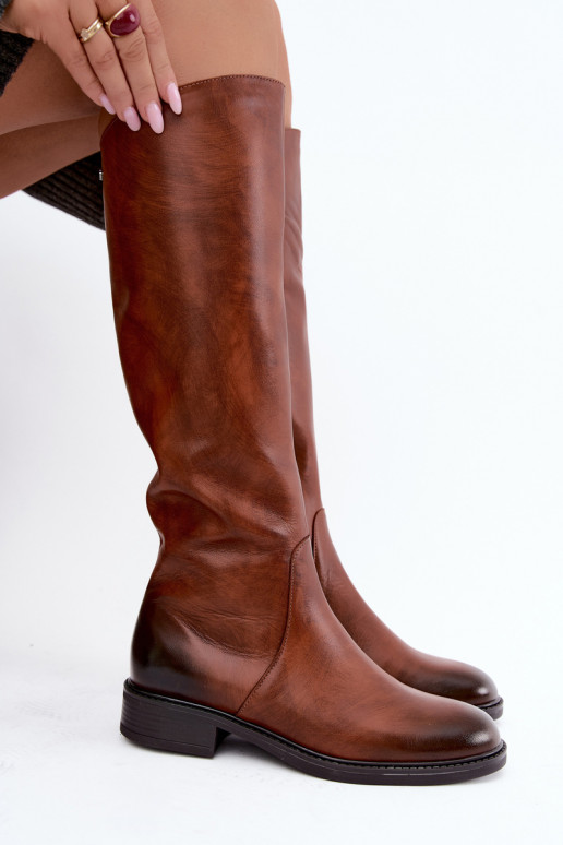 Botas de cuero para mujer hasta la rodilla con tacones anchos aisladas Zazoo 70163 marrón