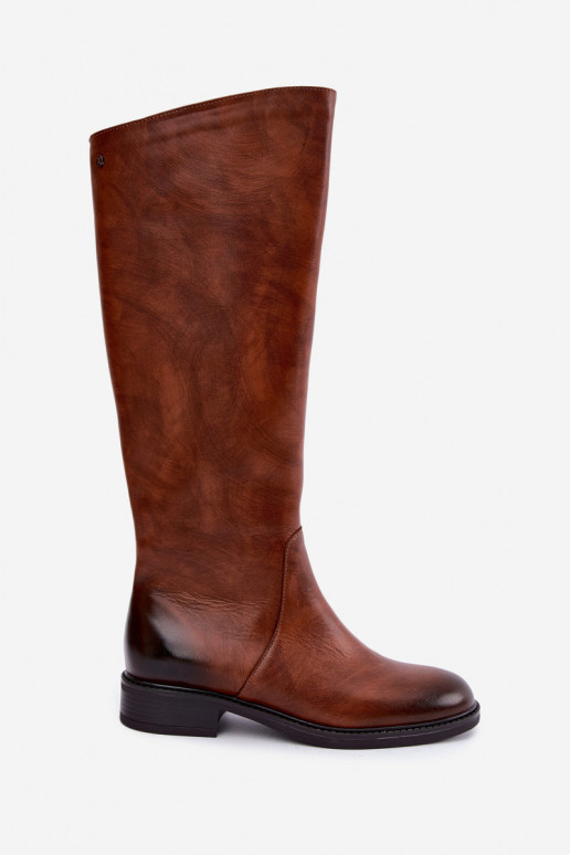 Botas de cuero para mujer hasta la rodilla con tacones anchos aisladas Zazoo 70163 marrón
