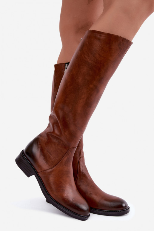 Botas de cuero para mujer hasta la rodilla con tacones anchos aisladas Zazoo 70163 marrón
