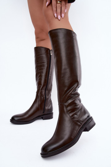 Botas de cuero para mujer hasta la rodilla con tacones anchos aisladas Zazoo 70163 chocolate