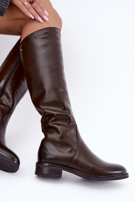 Botas de cuero para mujer hasta la rodilla con tacones anchos aisladas Zazoo 70163 chocolate