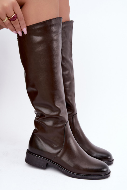 Botas de cuero para mujer hasta la rodilla con tacones anchos aisladas Zazoo 70163 chocolate