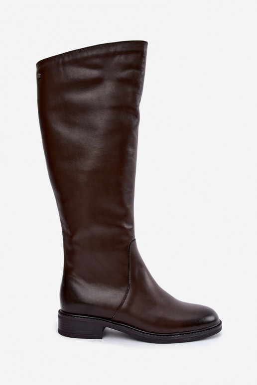 Botas de cuero para mujer hasta la rodilla con tacones anchos aisladas Zazoo 70163 chocolate
