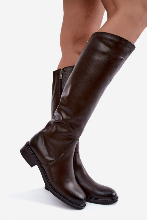 Botas de cuero para mujer hasta la rodilla con tacones anchos aisladas Zazoo 70163 chocolate