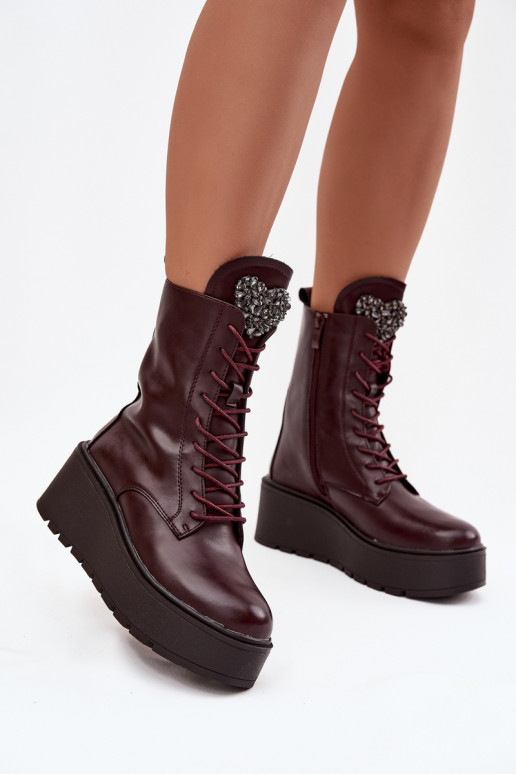 Botines de cuero para mujer con adornos forrados en burdeos Ulrika