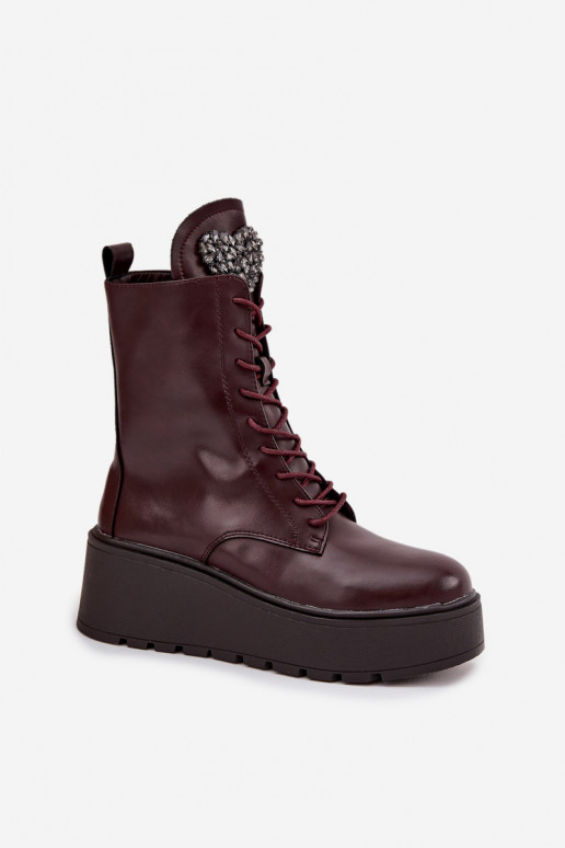 Botines de cuero para mujer con adornos forrados en burdeos Ulrika