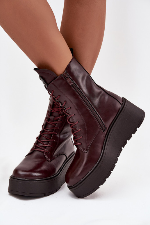 Botines de cuero para mujer con adornos forrados en burdeos Ulrika