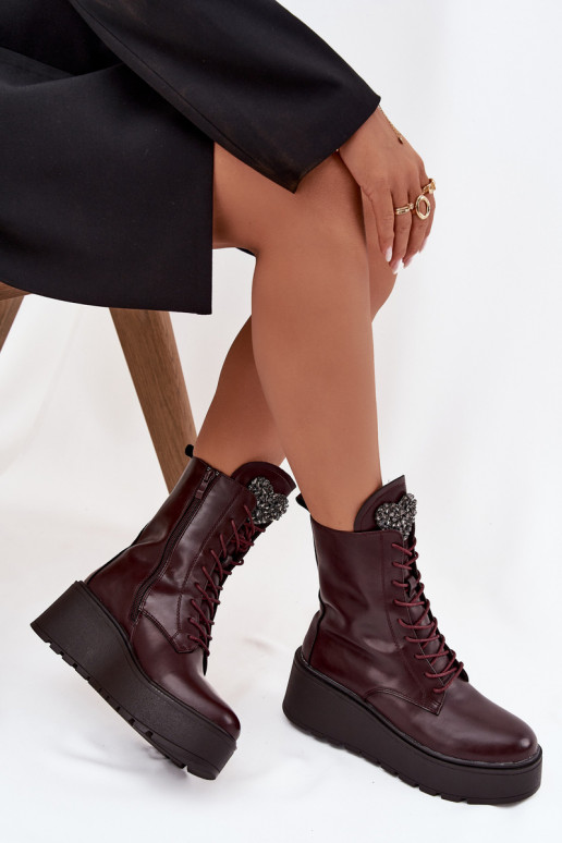 Botines de cuero para mujer con adornos forrados en burdeos Ulrika