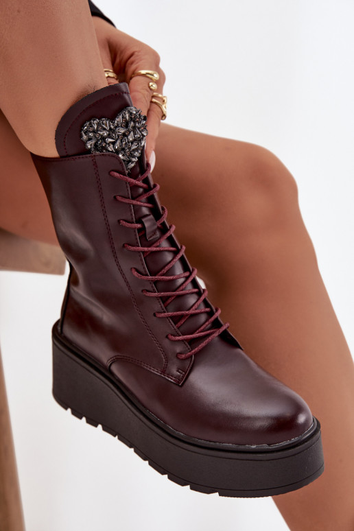 Botines de cuero para mujer con adornos forrados en burdeos Ulrika