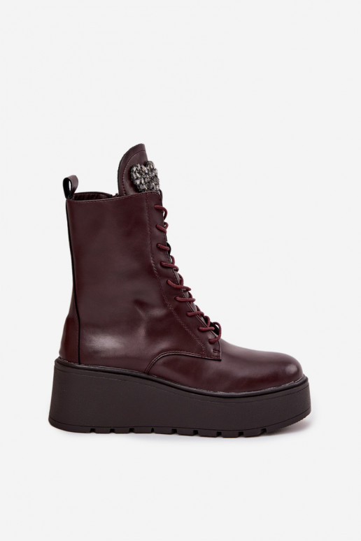 Botines de cuero para mujer con adornos forrados en burdeos Ulrika