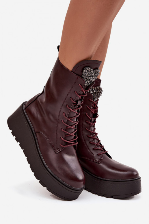 Botines de cuero para mujer con adornos forrados en burdeos Ulrika