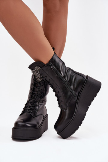 Botines de cuero para mujer con adornos forrados en negro Ulrika 2