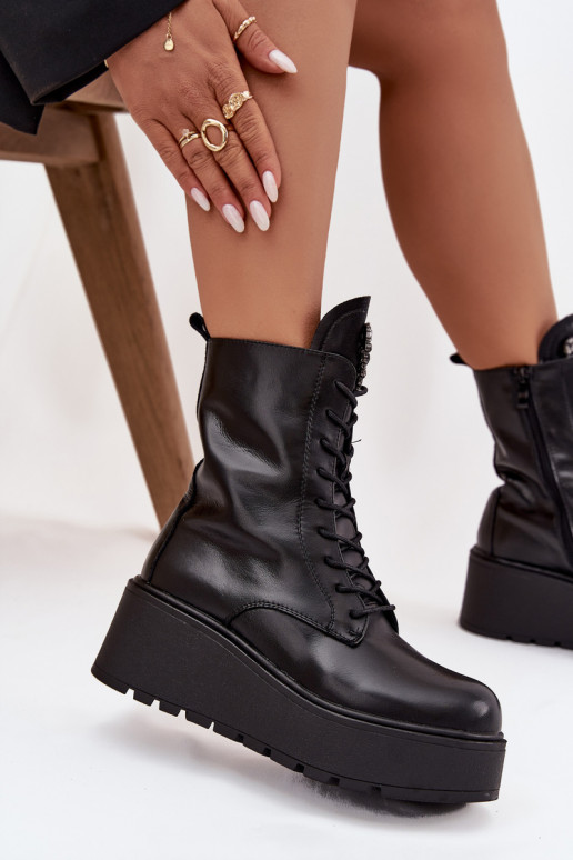 Botines de cuero para mujer con adornos forrados en negro Ulrika