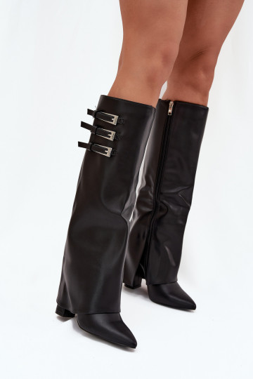 Botas altas de mujer con tacón y caña de cordones, correas con hebillas en color negro Nirisa