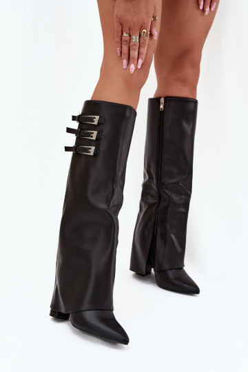 Botas altas de mujer con tacón y caña de cordones, correas con hebillas en color negro Nirisa 2