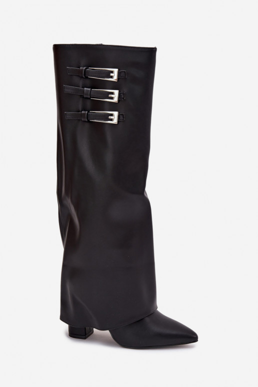 Botas altas de mujer con tacón y caña de cordones, correas con hebillas en color negro Nirisa