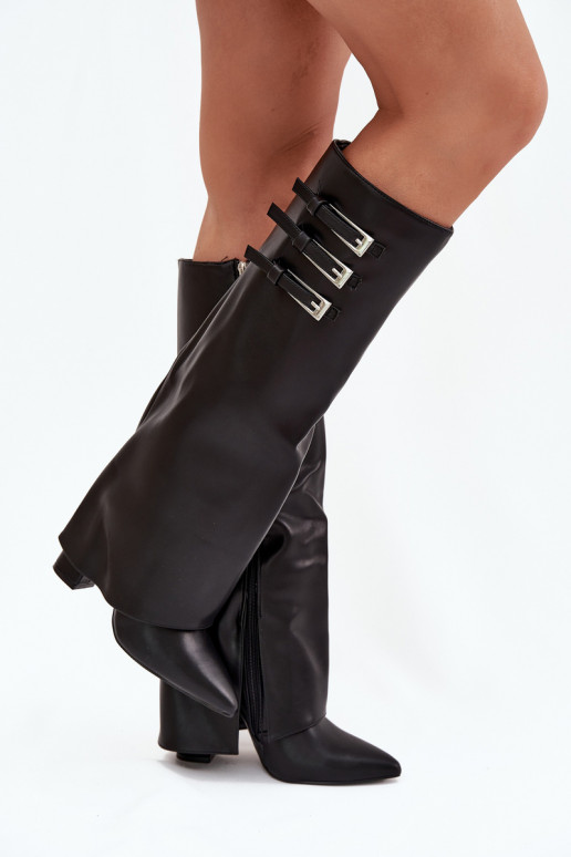 Botas altas de mujer con tacón y caña de cordones, correas con hebillas en color negro Nirisa