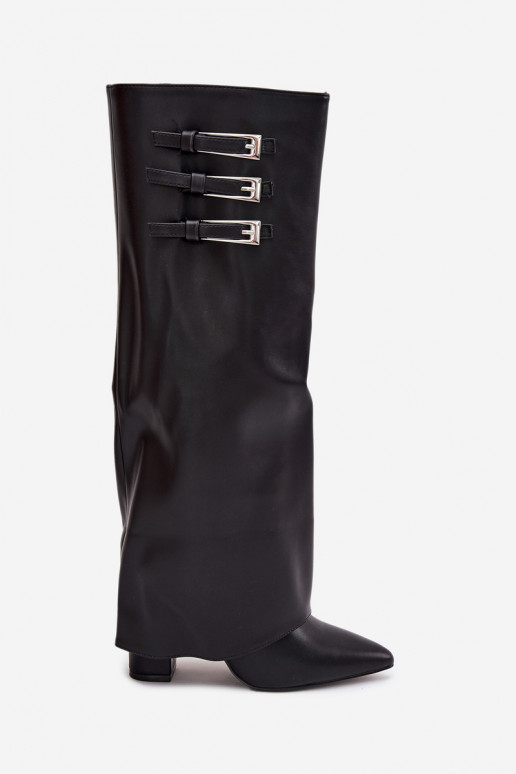 Botas altas de mujer con tacón y caña de cordones, correas con hebillas en color negro Nirisa