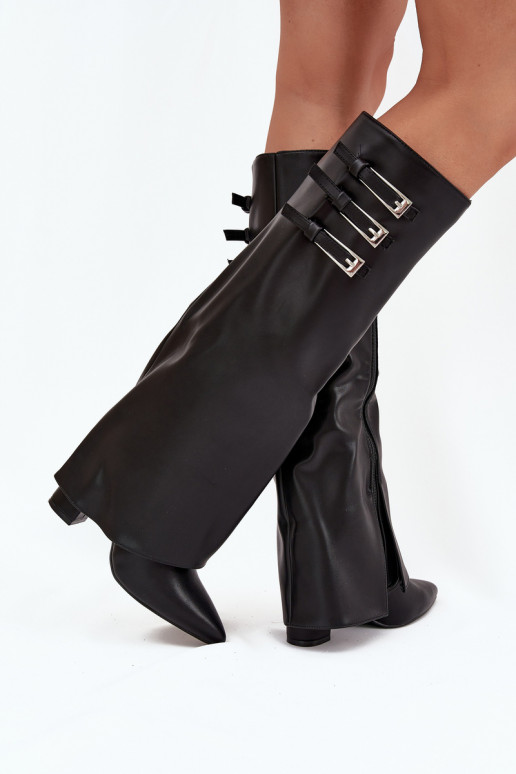 Botas altas de mujer con tacón y caña de cordones, correas con hebillas en color negro Nirisa