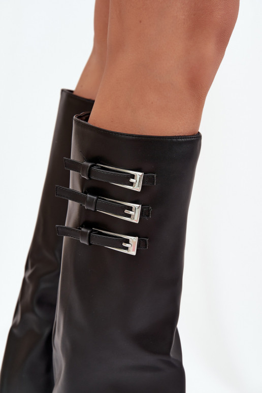 Botas altas de mujer con tacón y caña de cordones, correas con hebillas en color negro Nirisa
