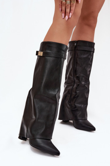 Botas altas de mujer con tacón y caña de cordones, con detalles dorados en color negro Diorna 2