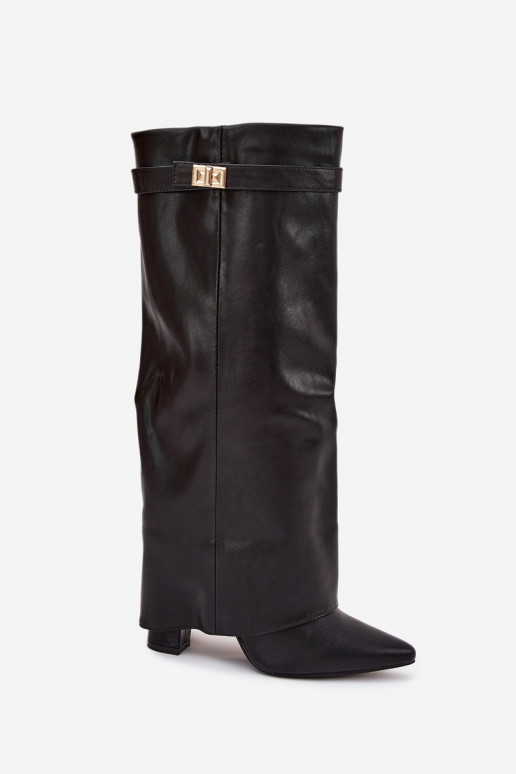 Botas altas de mujer con tacón y caña de cordones, con detalles dorados en color negro Diorna
