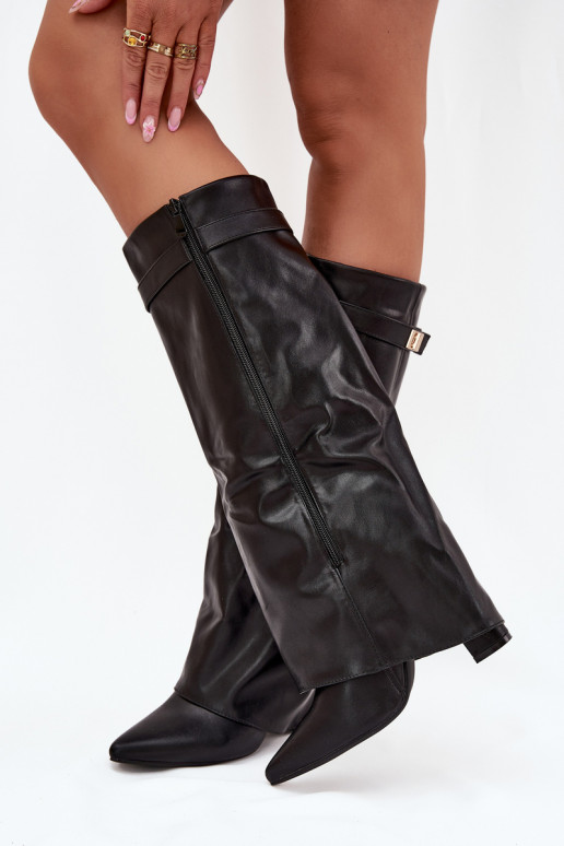 Botas altas de mujer con tacón y caña de cordones, con detalles dorados en color negro Diorna