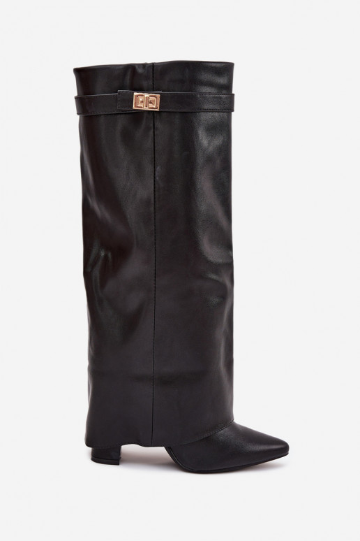 Botas altas de mujer con tacón y caña de cordones, con detalles dorados en color negro Diorna