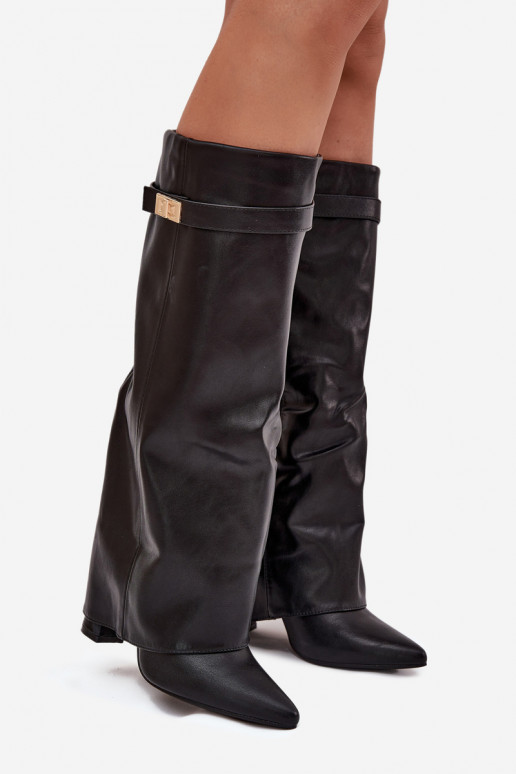 Botas altas de mujer con tacón y caña de cordones, con detalles dorados en color negro Diorna