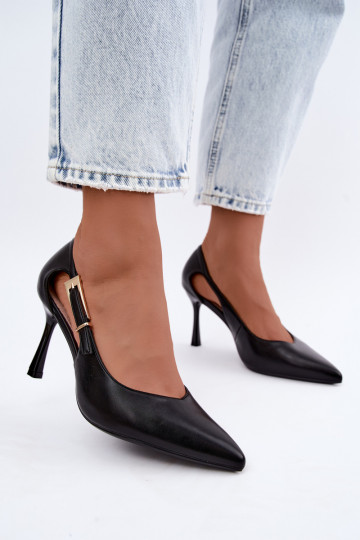 Zapatos de tacón alto con recortes y hebillas doradas Vinceza 62288 negras 2