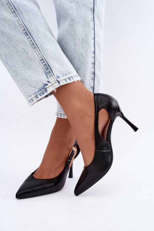 Zapatos de tacón alto con recortes y hebillas doradas Vinceza 62288 negras