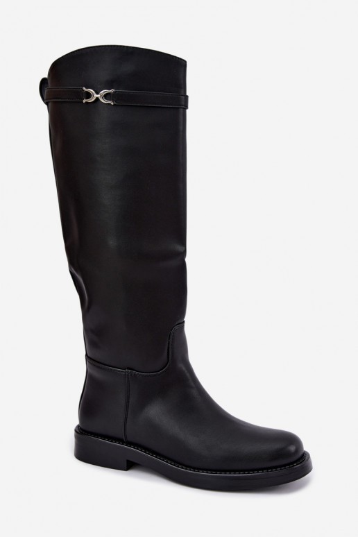 Botas largas con tacones anchos y cintas decorativas en negro Famina