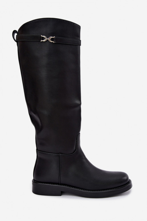 Botas largas con tacones anchos y cintas decorativas en negro Famina
