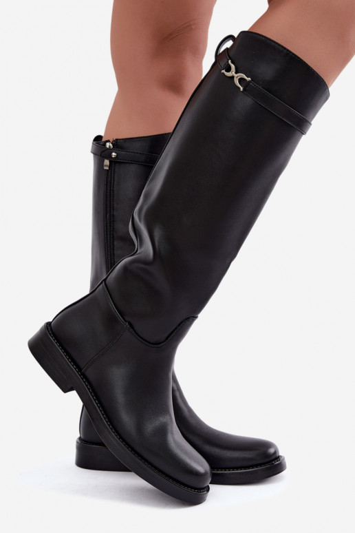 Botas largas con tacones anchos y cintas decorativas en negro Famina