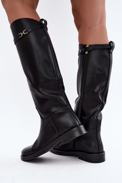 Botas largas con tacones anchos y cintas decorativas en negro Famina