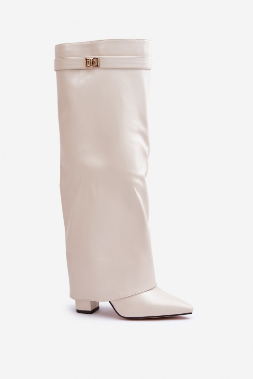 botas altas para mujer con inserciones de cuero sintético y tacones en color marfil Avamora