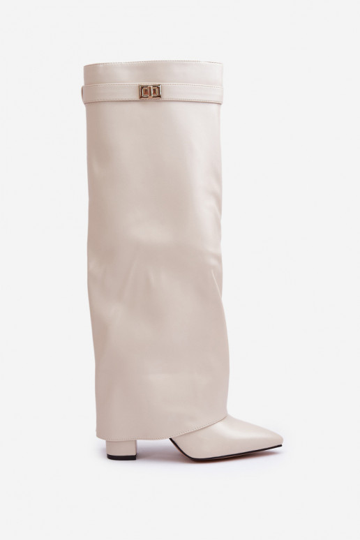 botas altas para mujer con inserciones de cuero sintético y tacones en color marfil Avamora