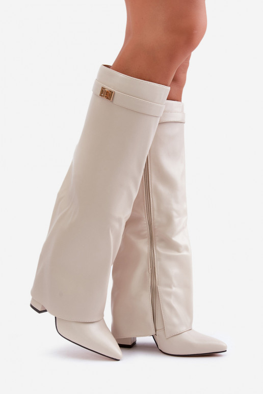 botas altas para mujer con inserciones de cuero sintético y tacones en color marfil Avamora