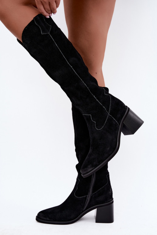 Botas altas negras de ante sintético de estilo vaquero con tacón Vinceza 133103
