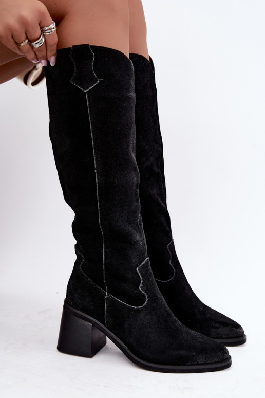 Botas altas negras de ante sintético de estilo vaquero con tacón Vinceza 133103
