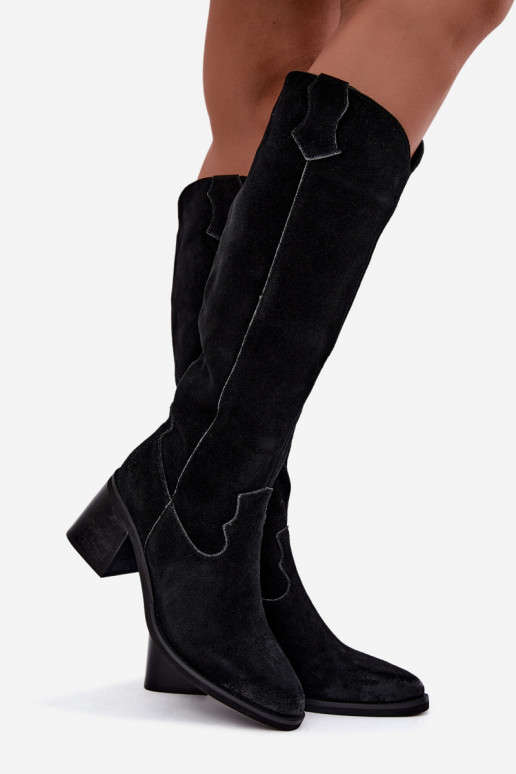Botas altas negras de ante sintético de estilo vaquero con tacón Vinceza 133103